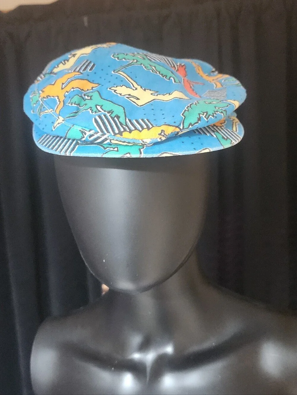 Vintage Tropical Novelty Print Newsboy Cap Blue Island Hat - Picture 3 of 7